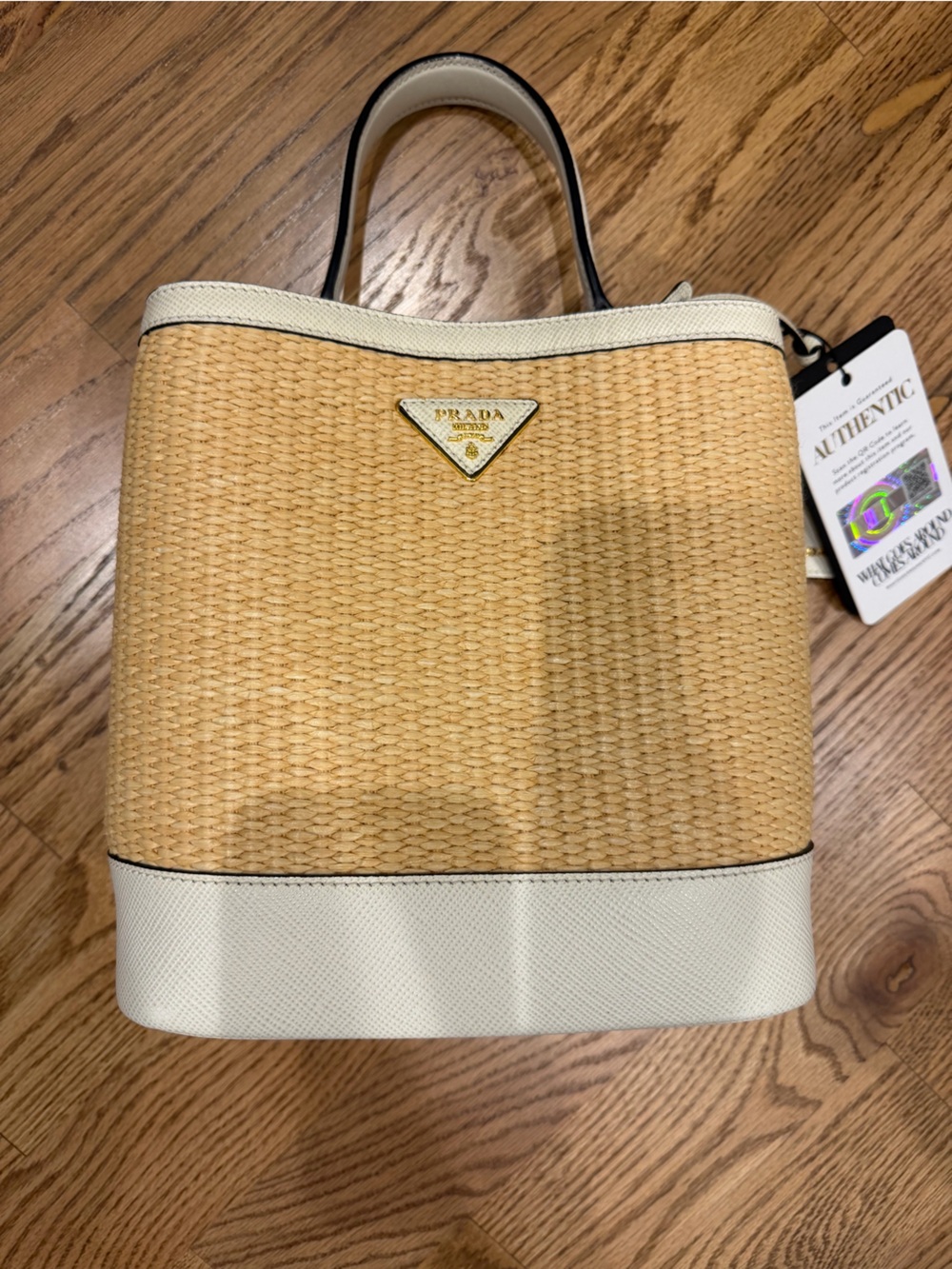 PRADA WHITE STRAW PANIER BUCKET BAG MEDIUM